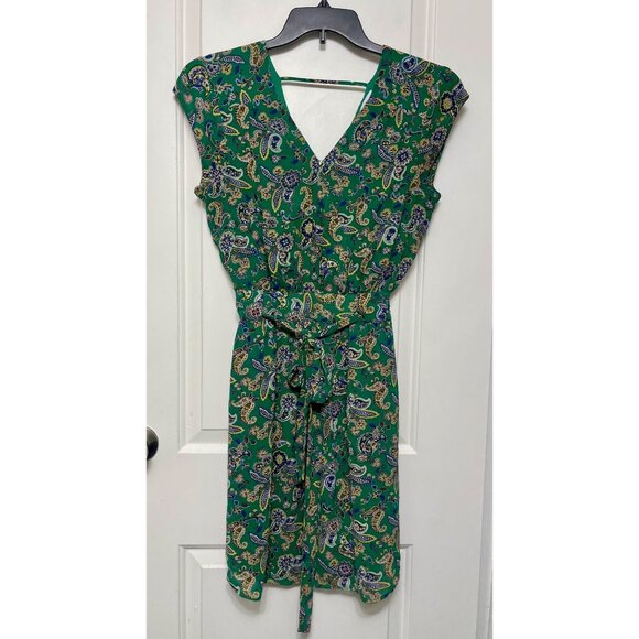 DR2 Paisley Print V-Neck Cap Sleeve Mini Dress in Green Size M - Picture 3 of 11